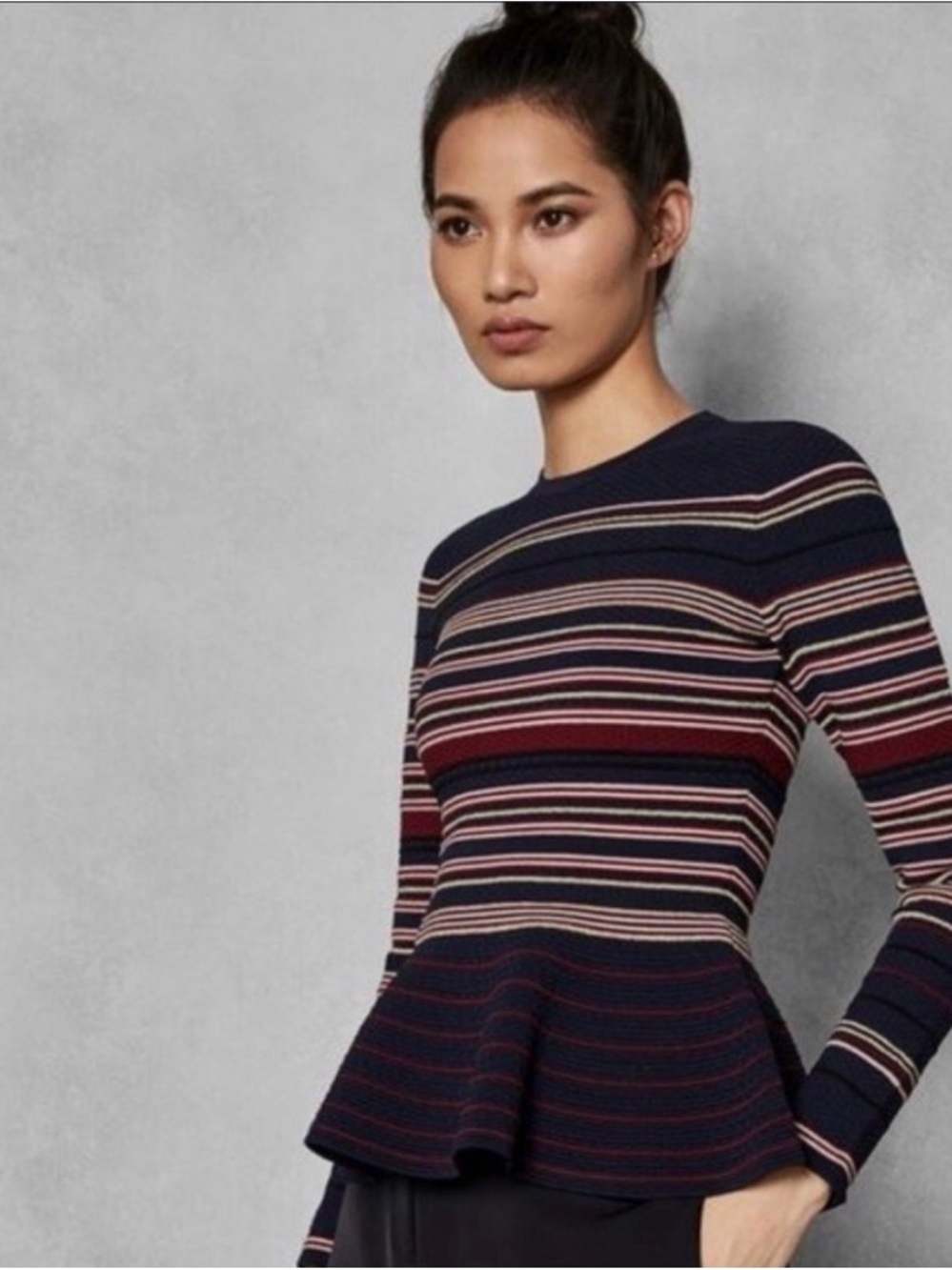 Ted Baker Navy, Burgundy and Cream Leytina Striped Peplum Sweater